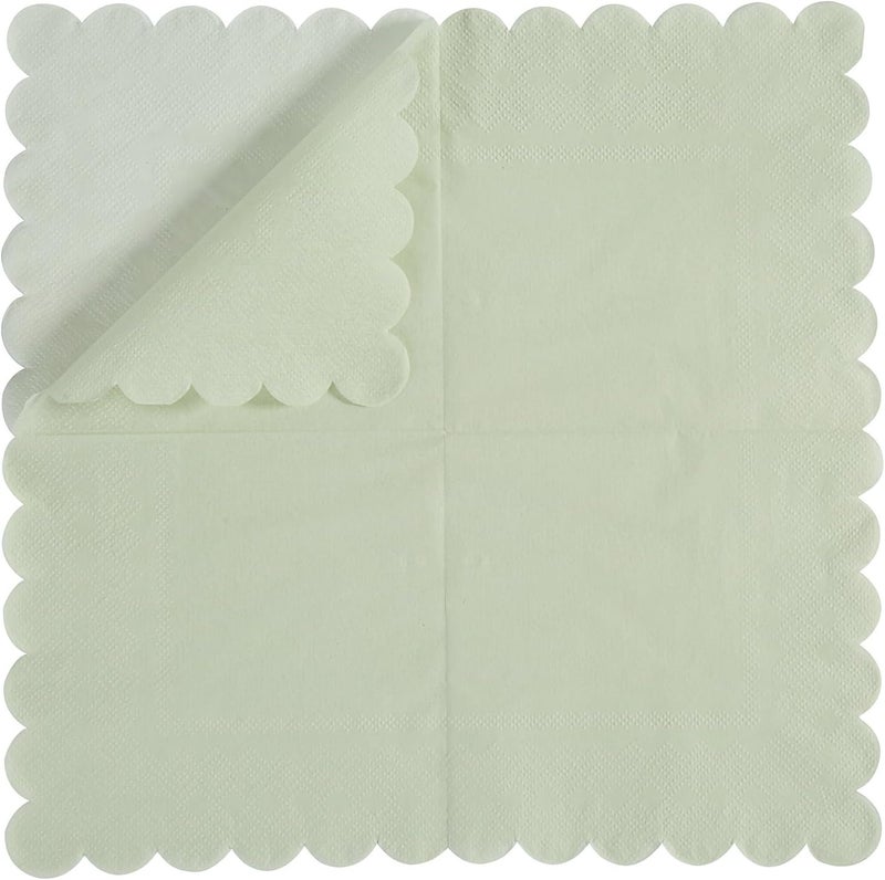 BEFORYOU 100 Pack Cocktail Napkin 2-Ply Scalloped Edged Dessert Napkins Folded 5 x 5 Inches Disposable Napkins for Dinner Wedding Birthday Party Bridal Anniversary Reception Event (Sage Green) - Image 3